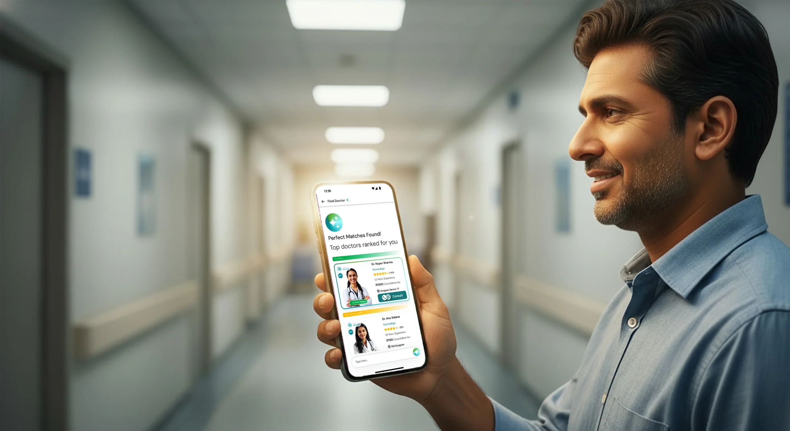 User viewing AI-matched doctor list on InsureKlick app