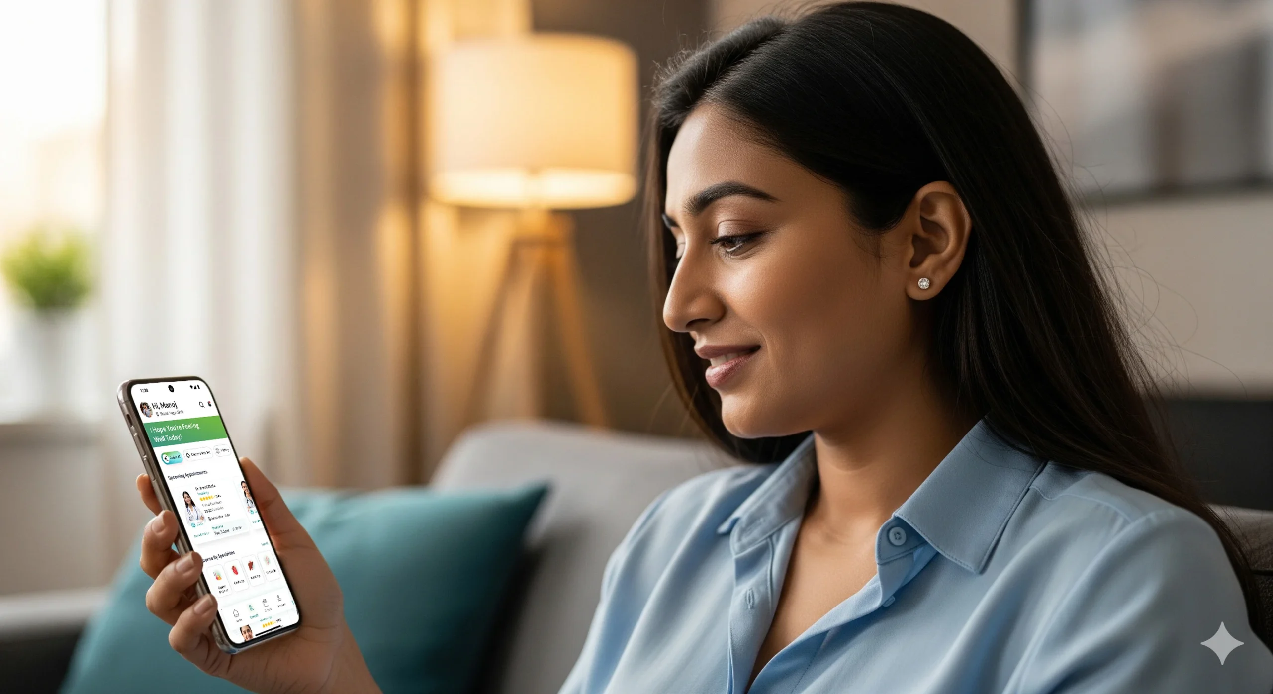 Happy user holding InsureKlick app – AI-powered healthcare navigation